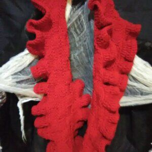 red knitted ruffled infinity scarf cowl
